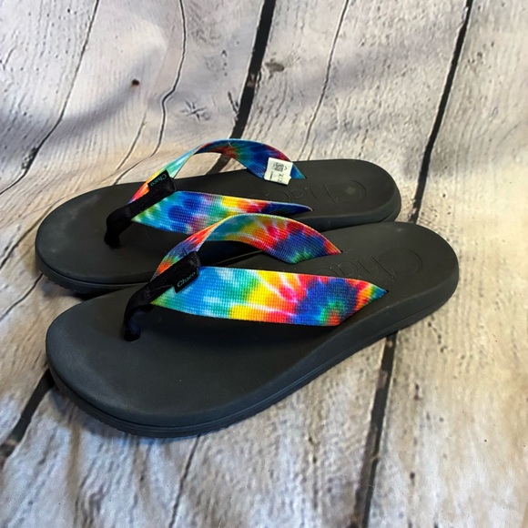 CHACO Chillos Womens Rainbow Tie Dye Flip Flop Thong Sandals Size 8 Black Multi - Picture 1 of 10